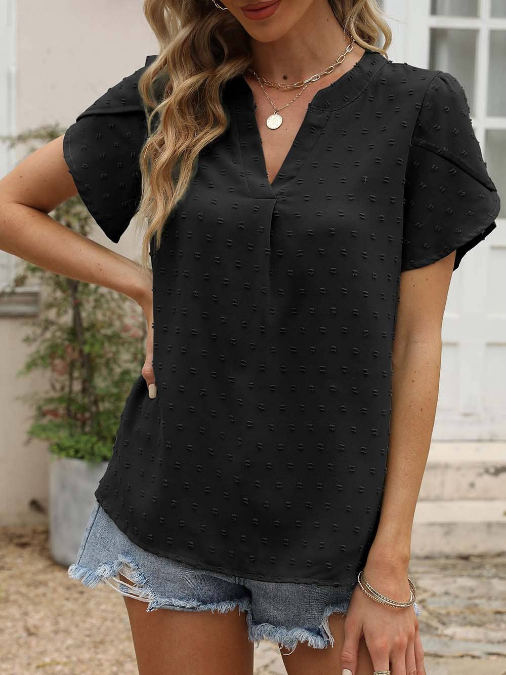 V-NECK JACQUARD SHORT SLEEVE SHIRT BLOUSE
