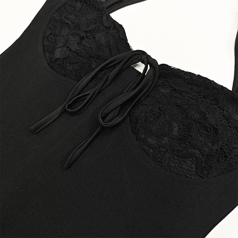 Low-cut high-slit lace patchwork dress