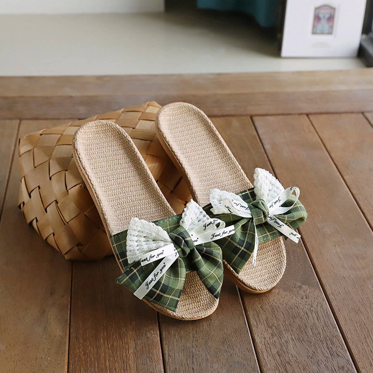 Fashion Linen Bow Slippers with Thick Sole_CWSHF0183