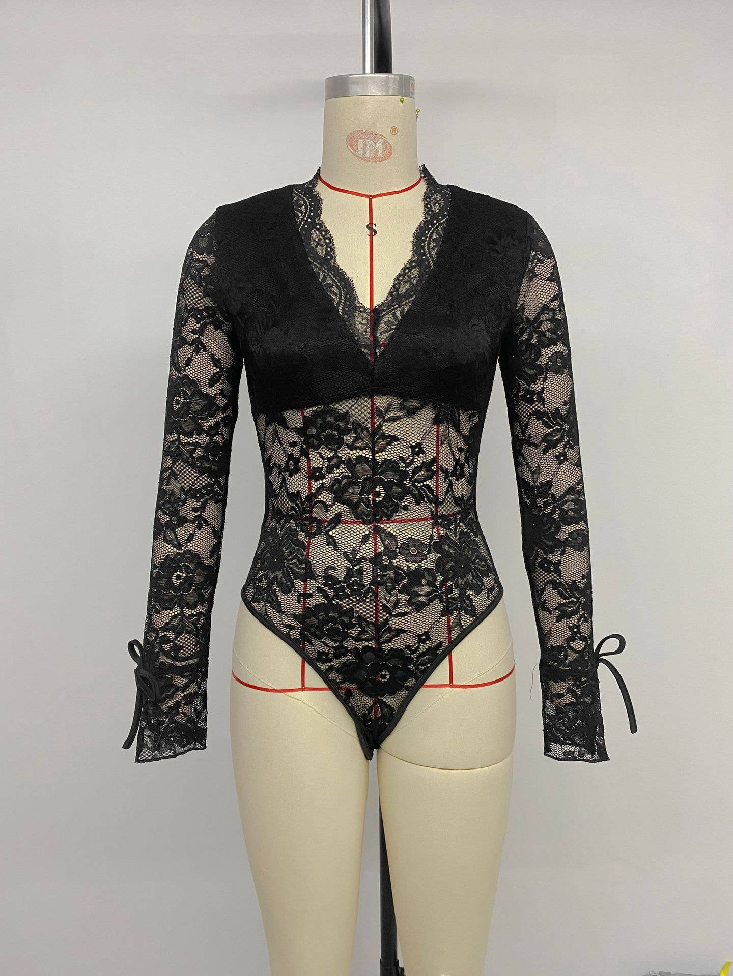 Lace patchwork long-sleeved V-neck jumpsuit