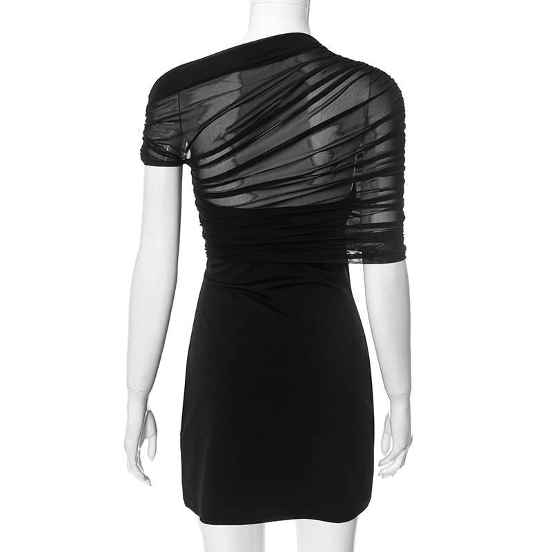 Sheer Mesh One-Shoulder Bodycon Dress
