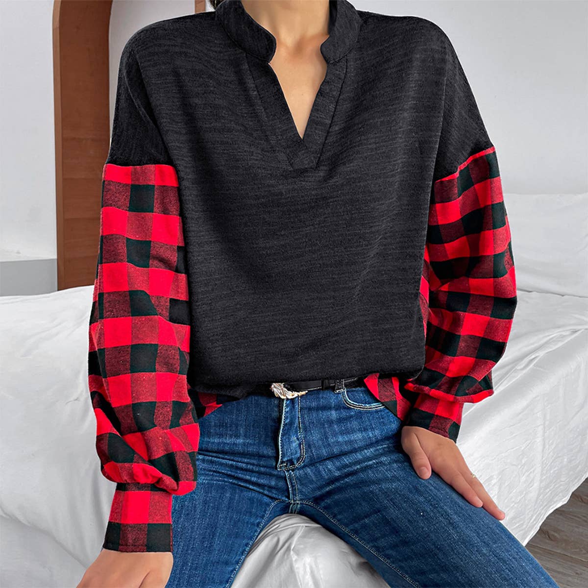Classic casual patchwork plaid long-sleeved top_cwtbll1768
