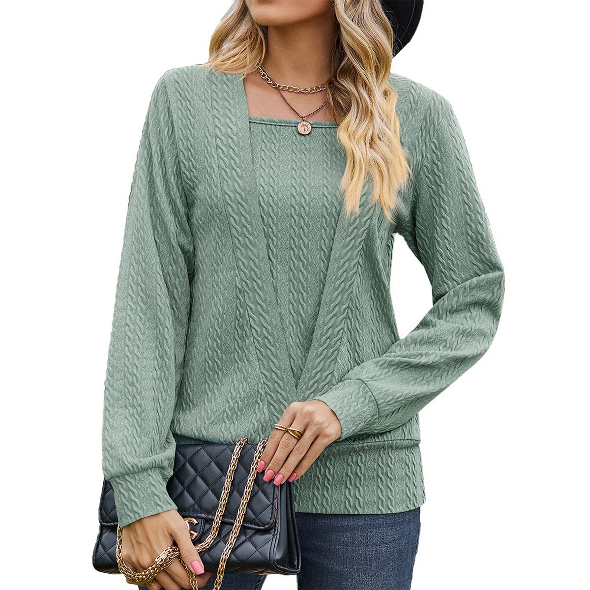 SQUARE NECK CROSS LONG SLEEVE LOOSE T-SHIRT