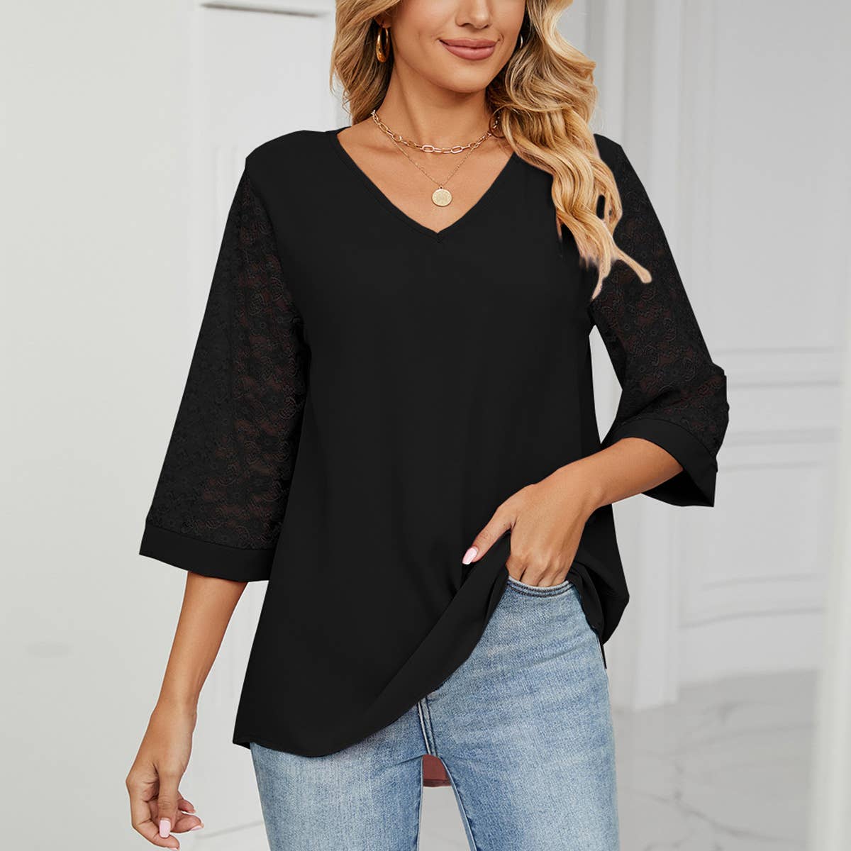 LACE HORN SLEEVE PATCHWORK CHIFFON BLOUSE