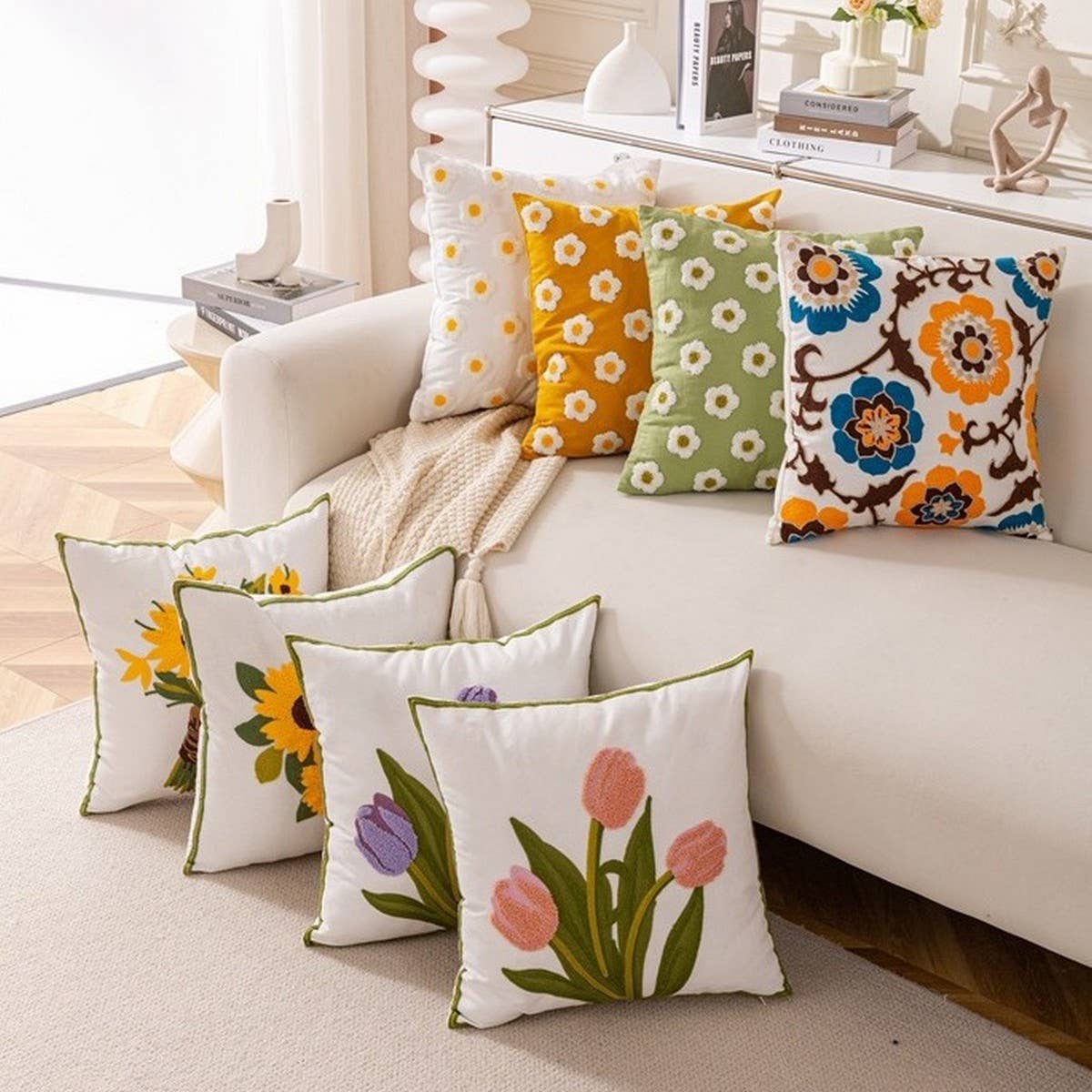 Tulip Embroidered Cute Pillow Cover for Bed & Sofa