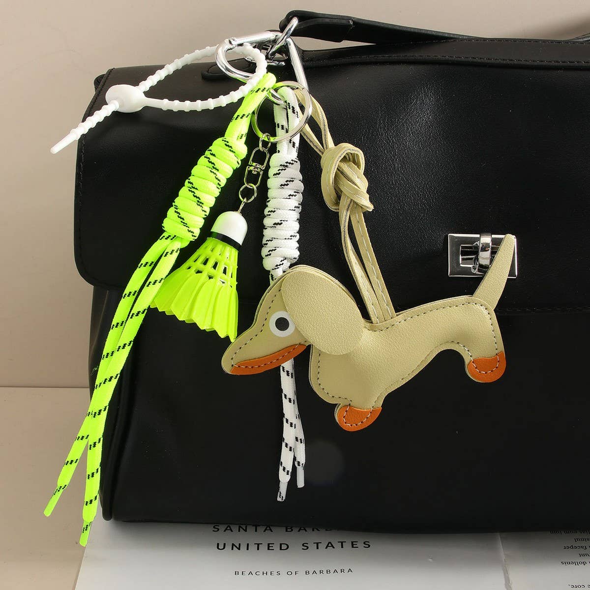 Cute Leather Dachshund Bag Charm with Shuttlecock