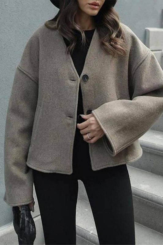 CWOCO0964_V-NECK SINGLE-BREASTED LOOSE SHORT COAT