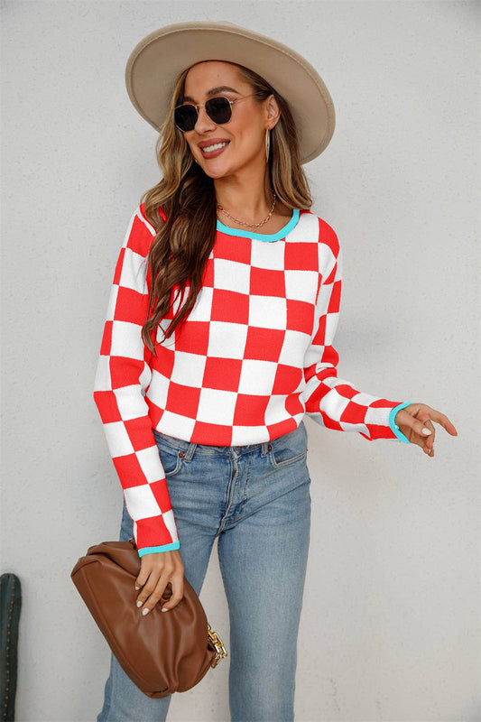 Plaid Color Matching Pullover Crew-Neck Sweater