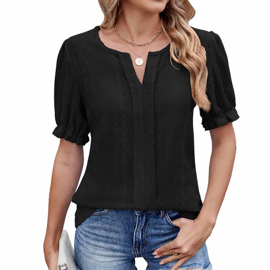 Solid color V-neck puffed sleeve jacquard T-shirt