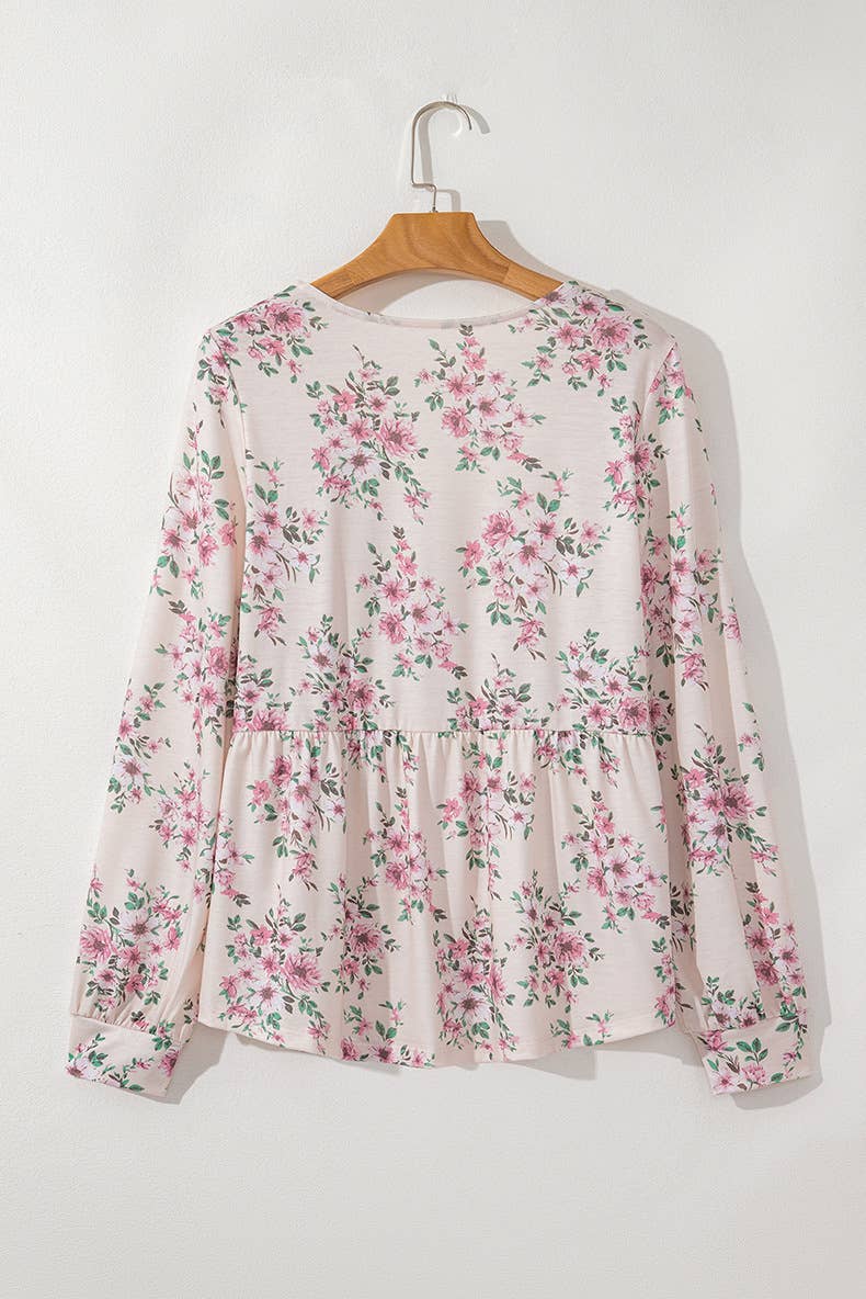 U-NECK FLORAL PRINT PLEATED LONG-SLEEVED TOP