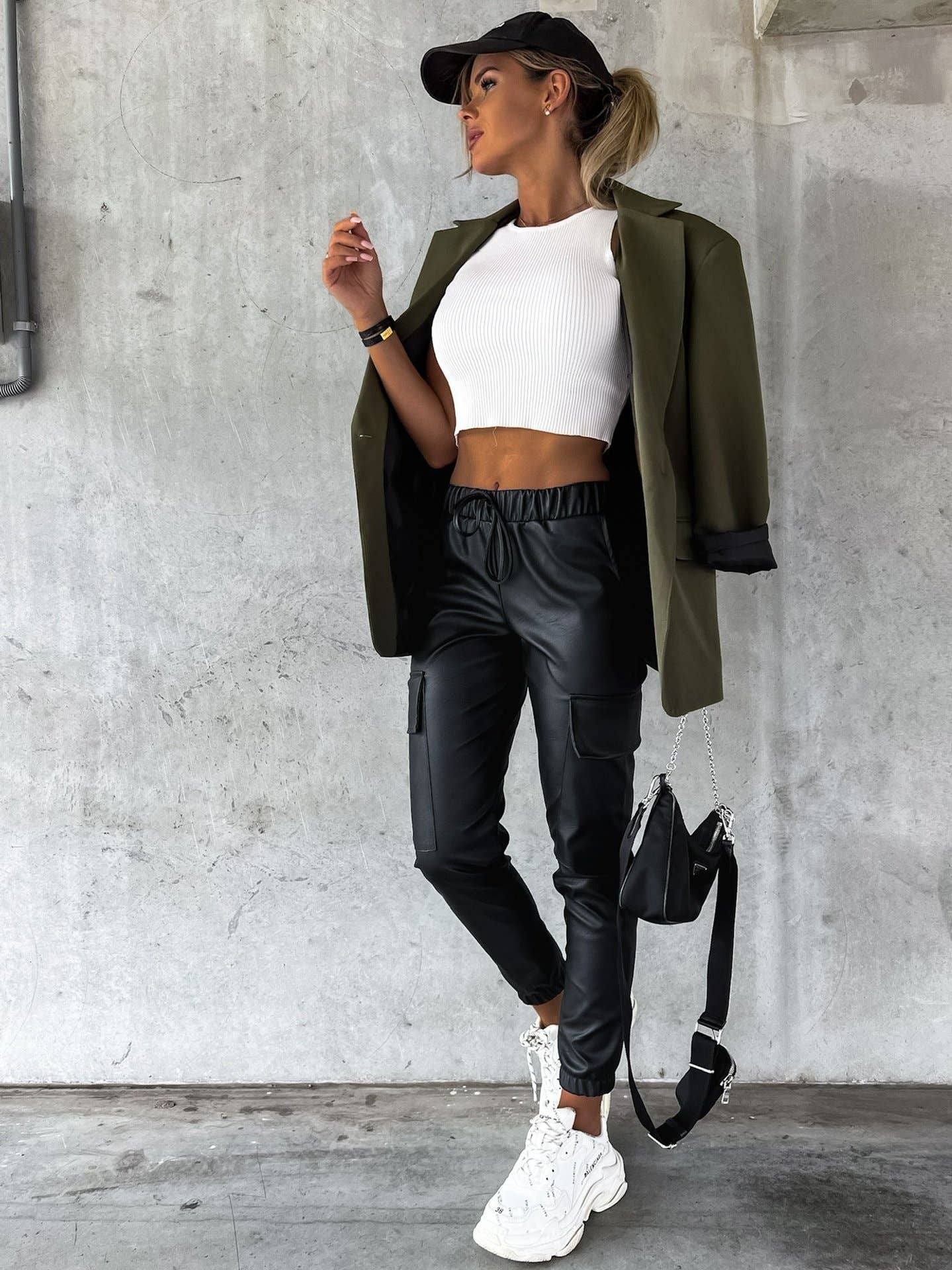 Waist-cinching street drawstring leather pants