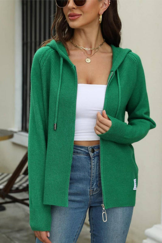 CWOCAL1615_HOODED DRAWSTRING ZIPPER KNIT CARDIGAN