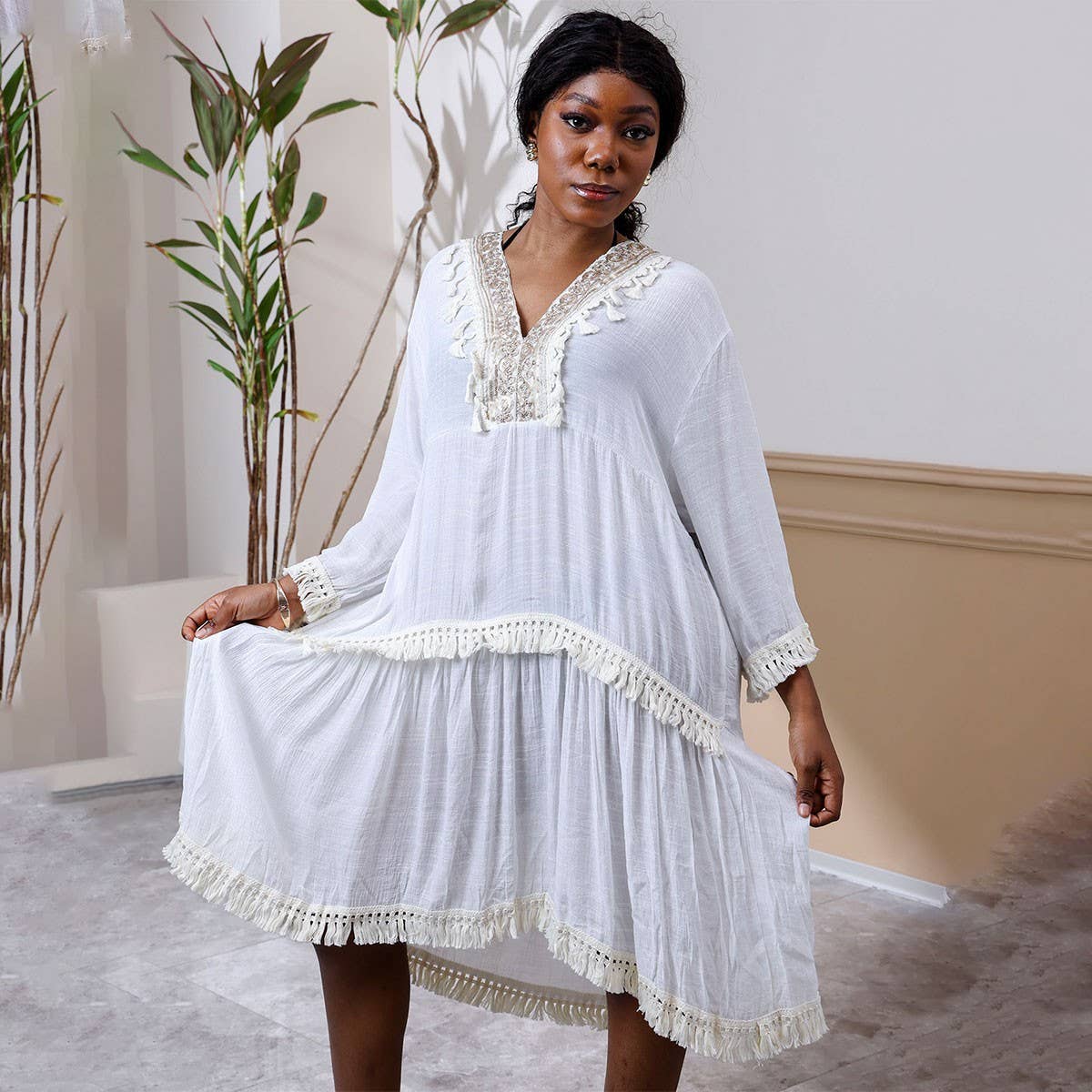 French Lace V-Neck Dress for Women Beach Cover-Up