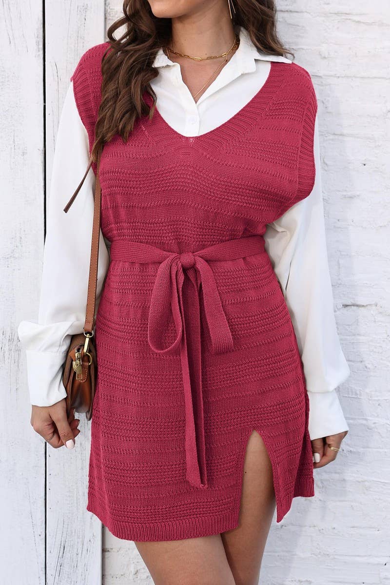 CWOSWL07401_WOMEN KNIT SWEATER VEST DRESS WITH SIDE TIES