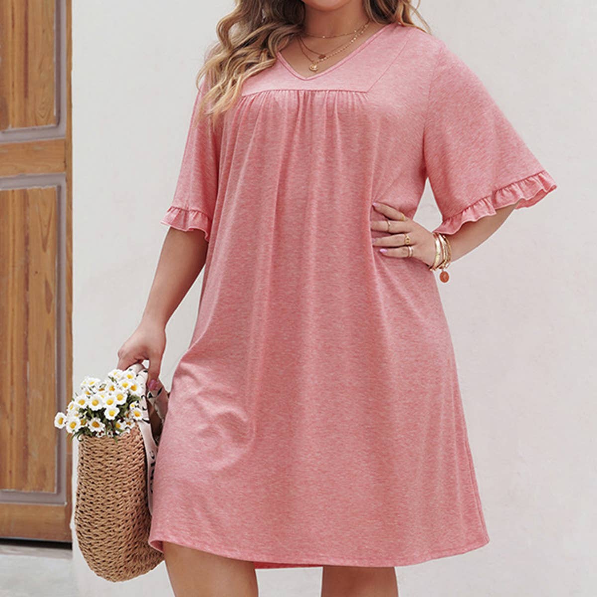 SOLID COLOR PLUSSIZE CHIFFON V NECK CASUAL DRESS_CWDSD3143
