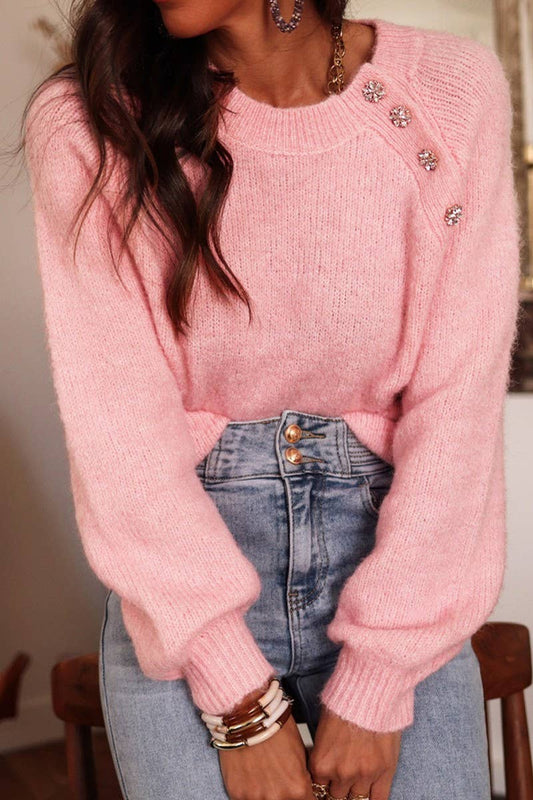 CWOSWL07425_SOLID RAGLAN SLEEVE BUTTONED KNIT SWEATER