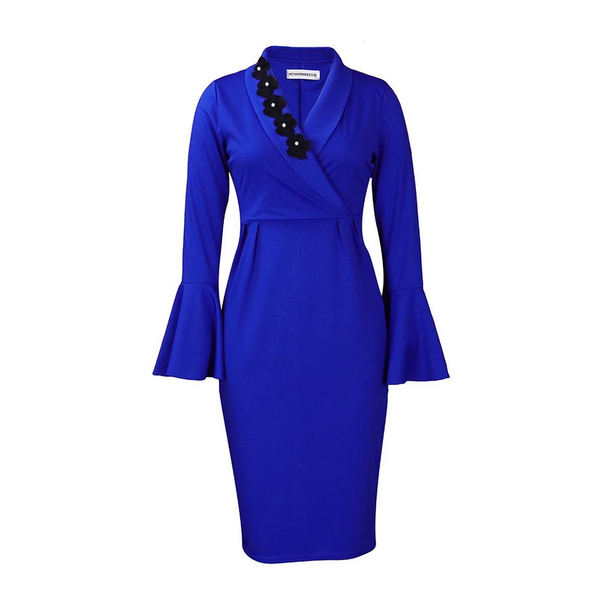 V-NECK ELEGANT TRUMPET SLEEVE SLIT HIP DRESS