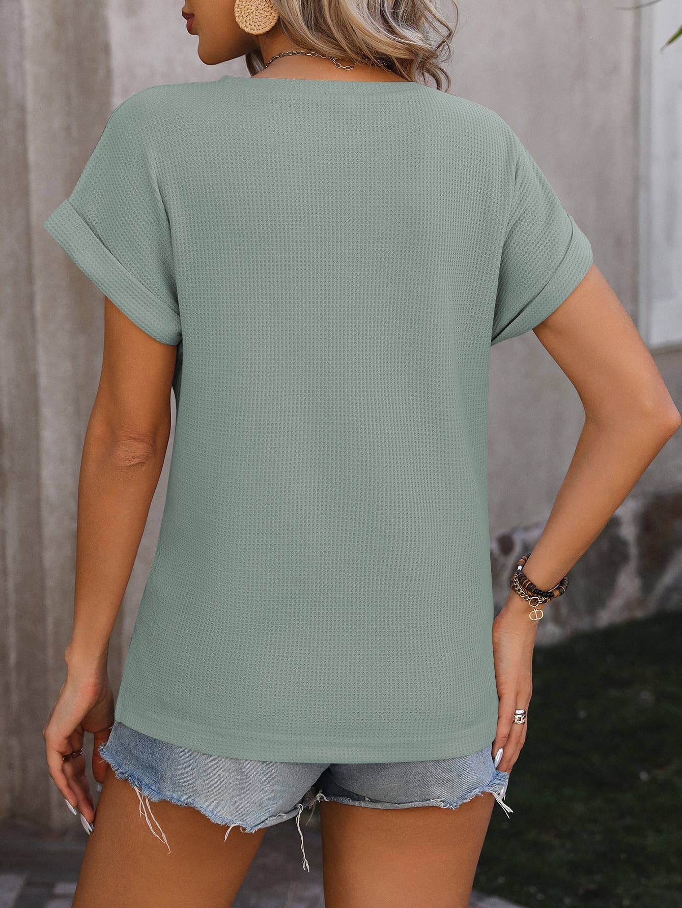 Solid color waffle knot loose short sleeve T-shirt