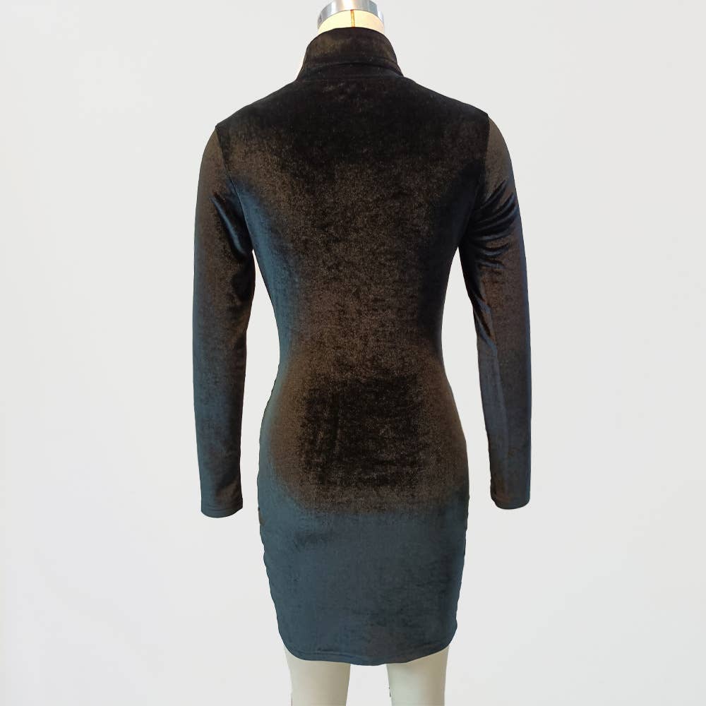VELVET DRAWSTRING HIGH NECK SEXY HIP WRAP DRESS