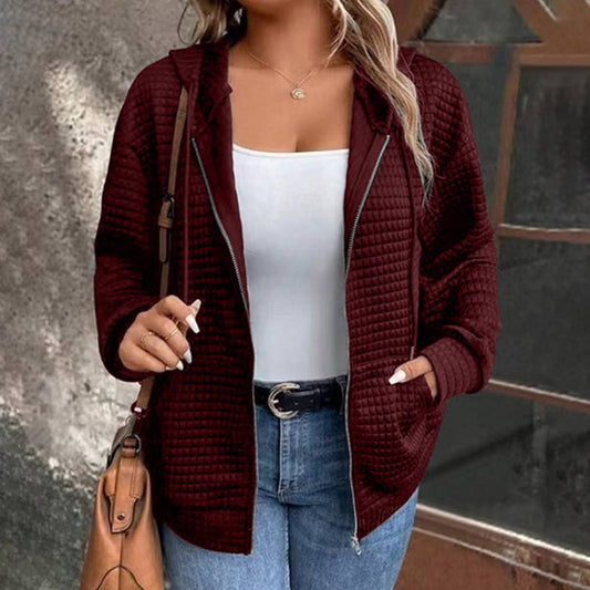 WAFFLE COAT WITH HOODED DRAWSTRING SPORTS ZIPPER