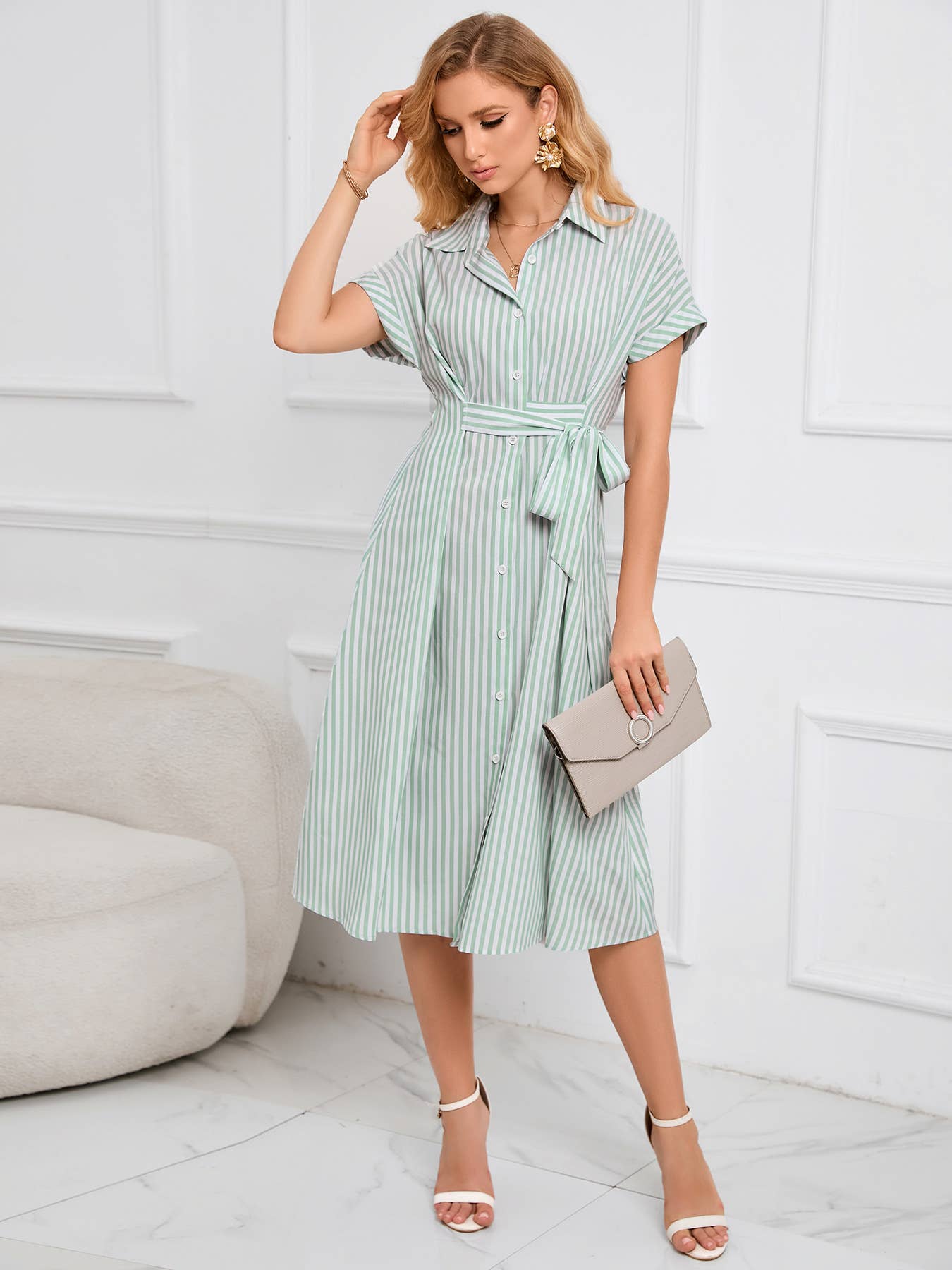 V-neck shirt-style single breasted striped dress