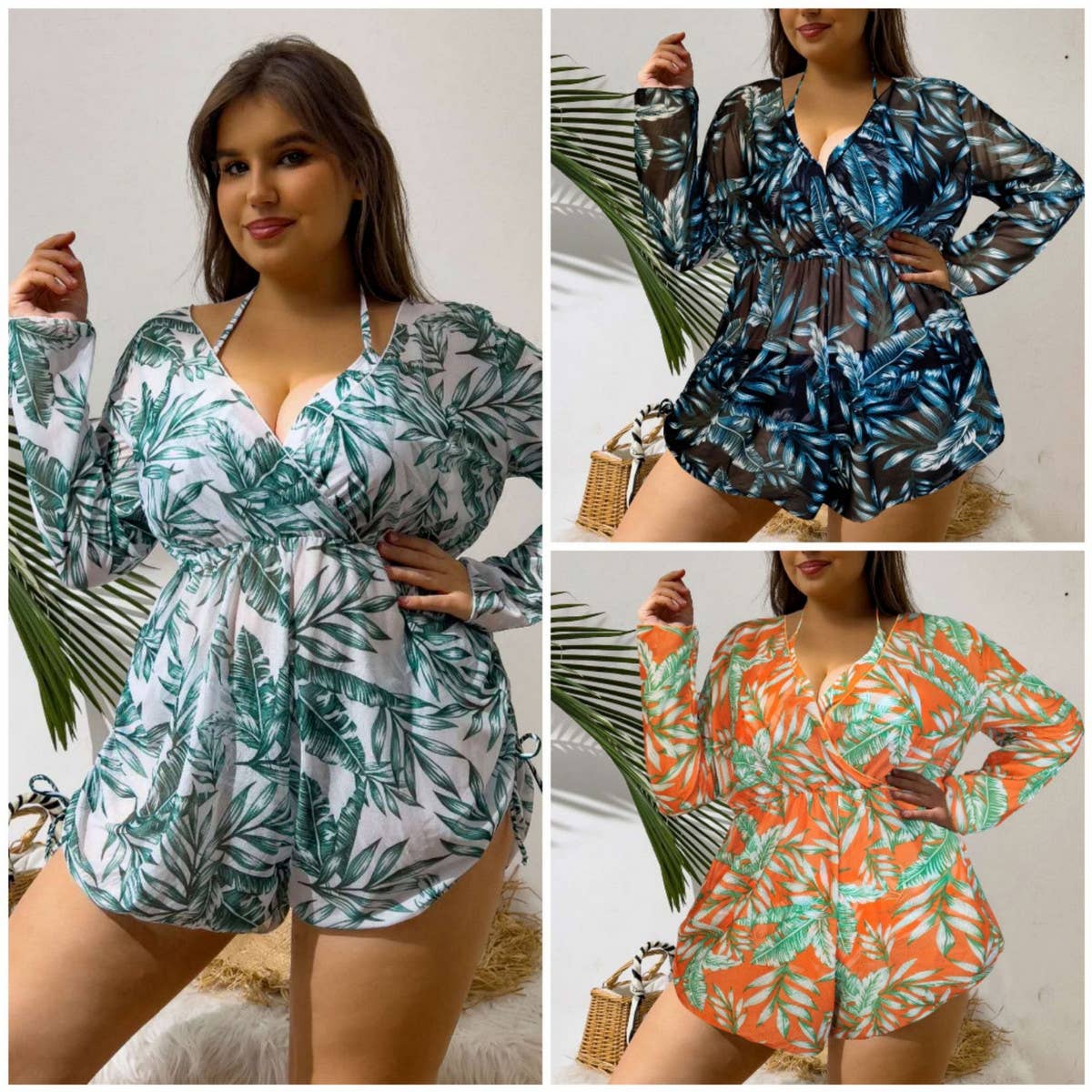 LEAVES SEXY PLUS SIZE SPLIT BIKINI SWIMSUIT_CWMW0223