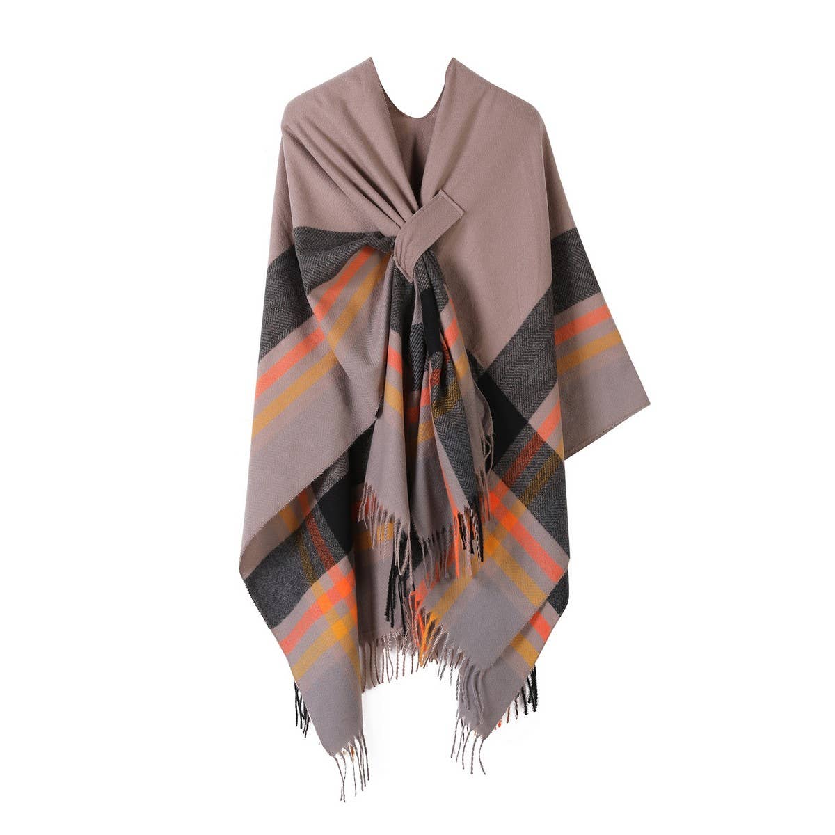 KNITTED FRINGED SHAWL DOUBLE-SIDED PLAID SCARF