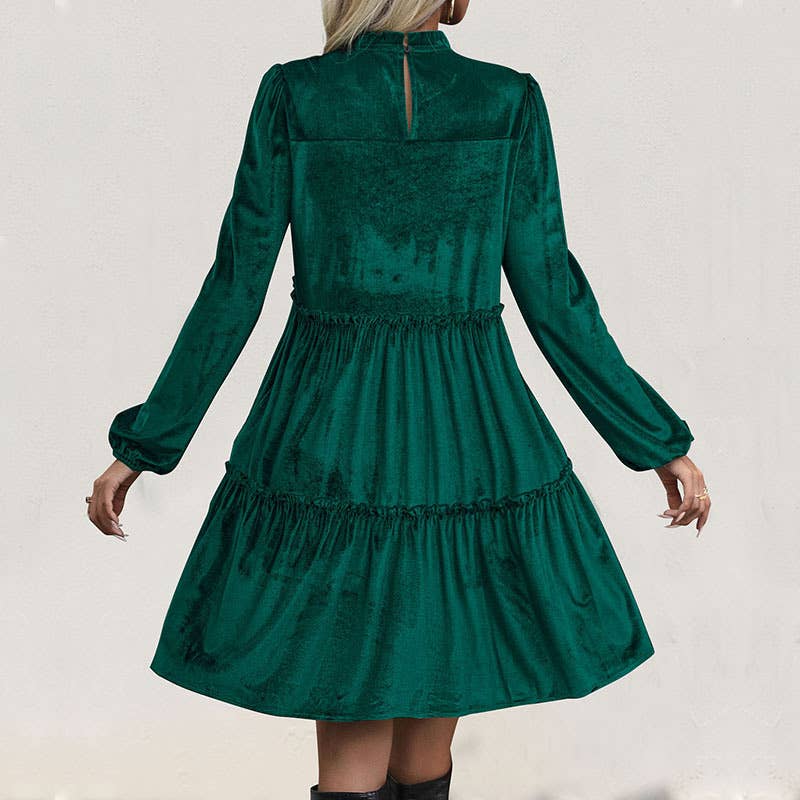 VELVET RUFFLED PATCHWORK PULLOVER DRESS