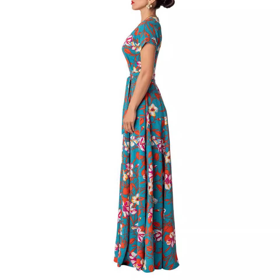 Lace-up print waist slit dress