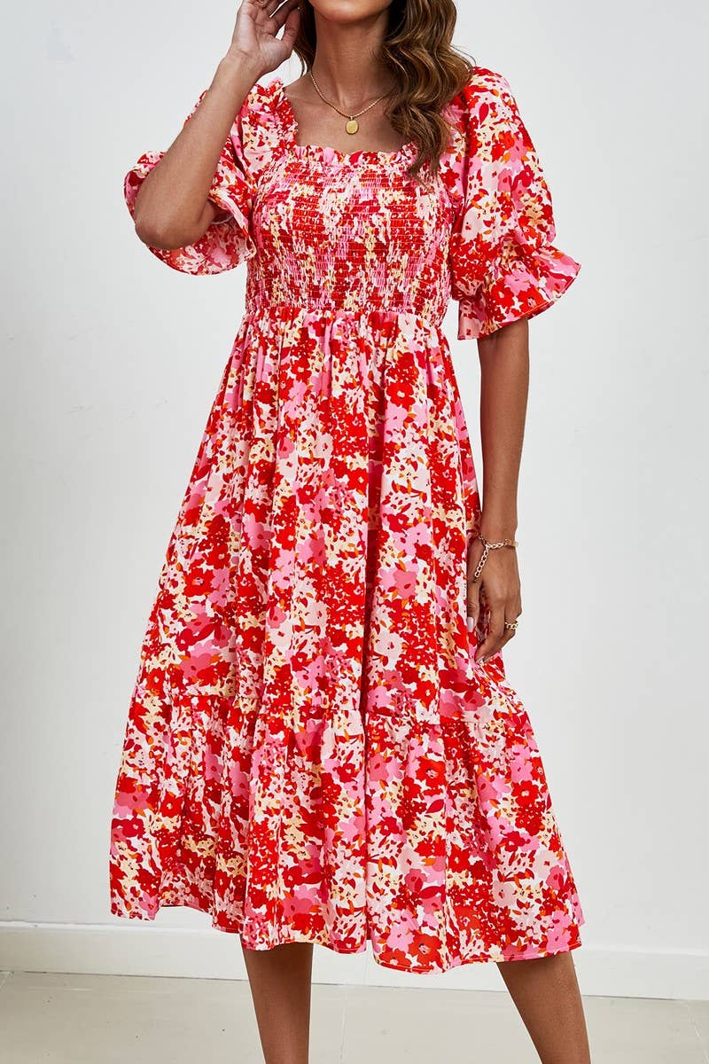 CWDMD4891_GATHERED SQUARE NECK PUFF SLEEVE PRINTED DRESS