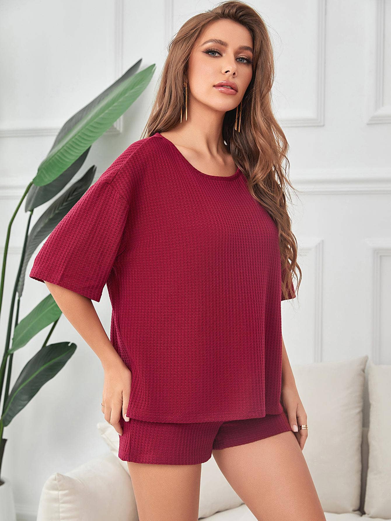 Waffle short-sleeved shorts house suit