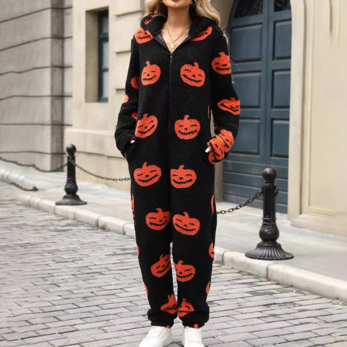 Pumpkin print zipper loose plush jumpsuit