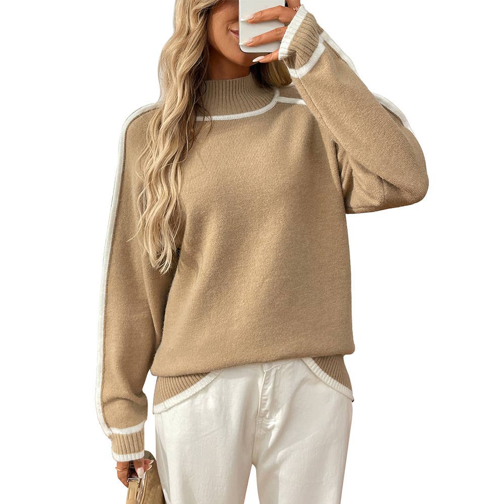 Semi-high-neck laid-back color-blocking sweater