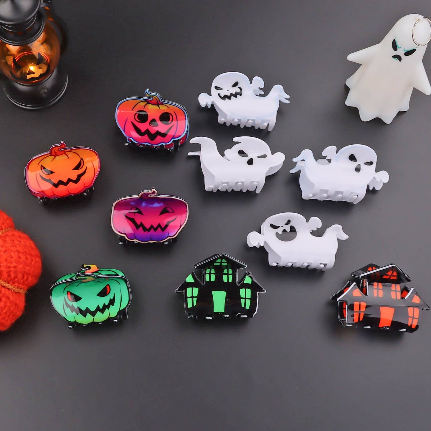 PUMPKINS, GHOSTS, HAUNTED HOUSE HALLOWEEN HAIR CLAW CLIPS