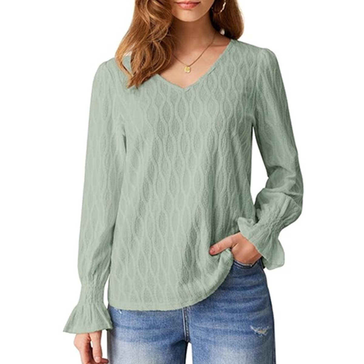 V-NECK LONG SLEEVE FLARED SLEEVE T-SHIRT