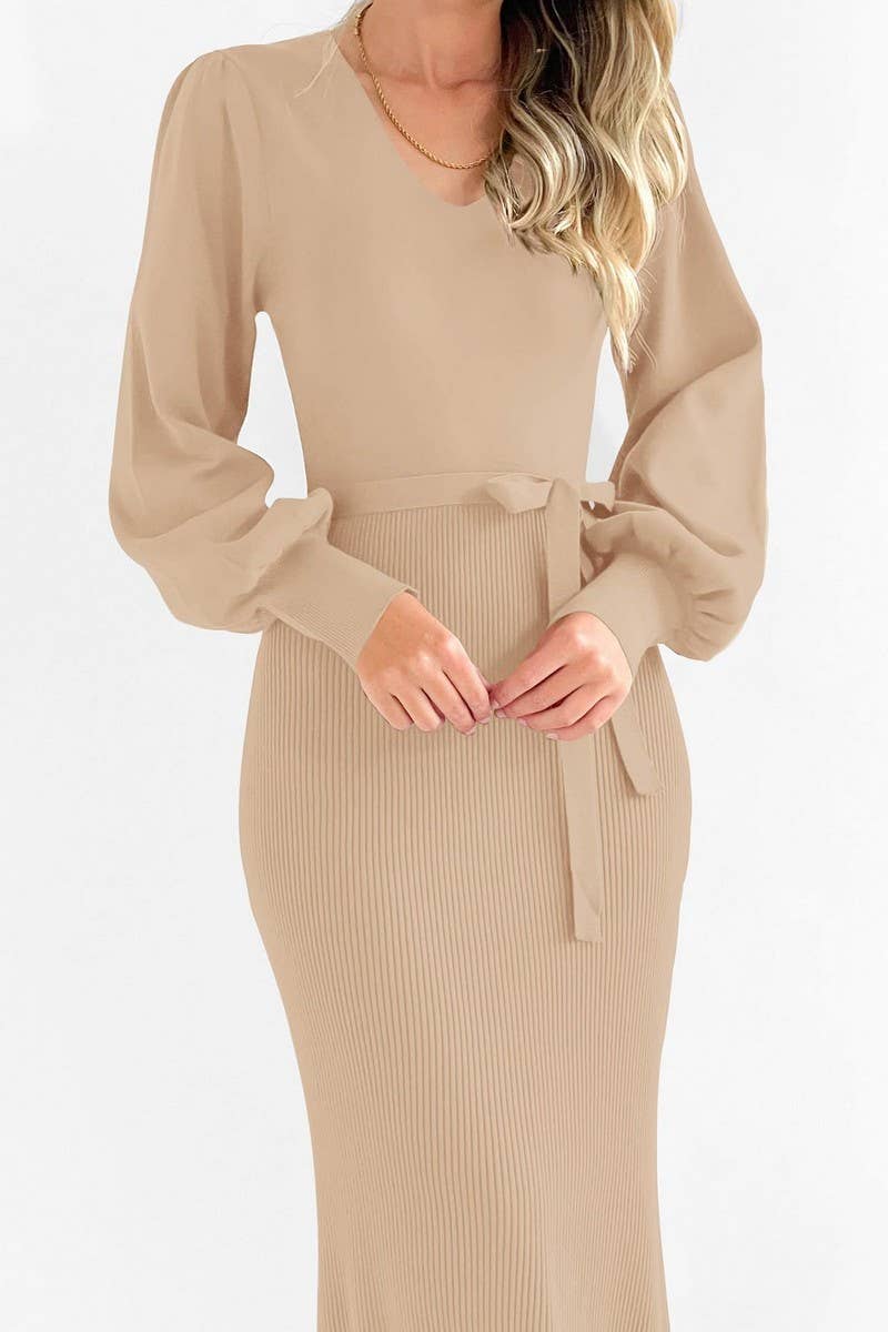 Lantern sleeve slim slim long solid color knit dress
