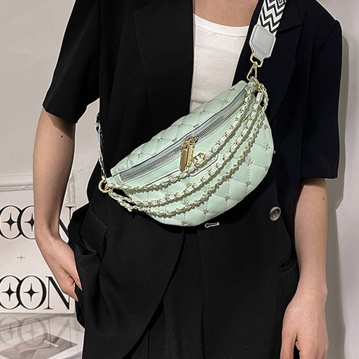 PU TRIPLE CHAIN STRAP BELT BAG,CROSSBODY BAG_CWAB0944