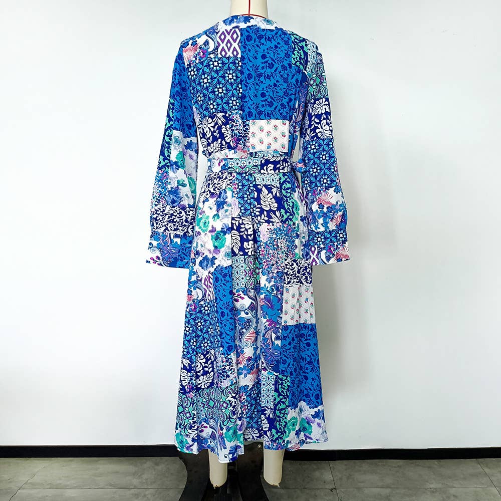 ABSTRACT PRINTED BELT A-LINE LONG-SLEEVED DRESS