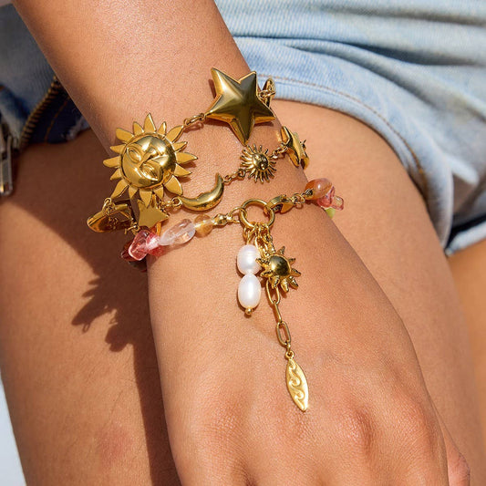 Vintage Pearl Turquoise Star Bracelet, 18K Gold