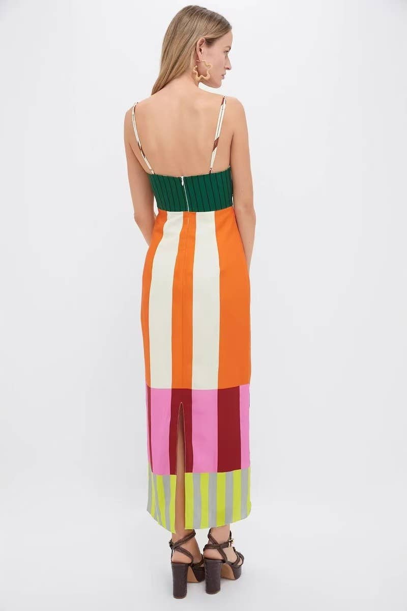 CWDMD6031_STRIPED COLORBLOCK SLIM FIT SLIT CAMI DRESS