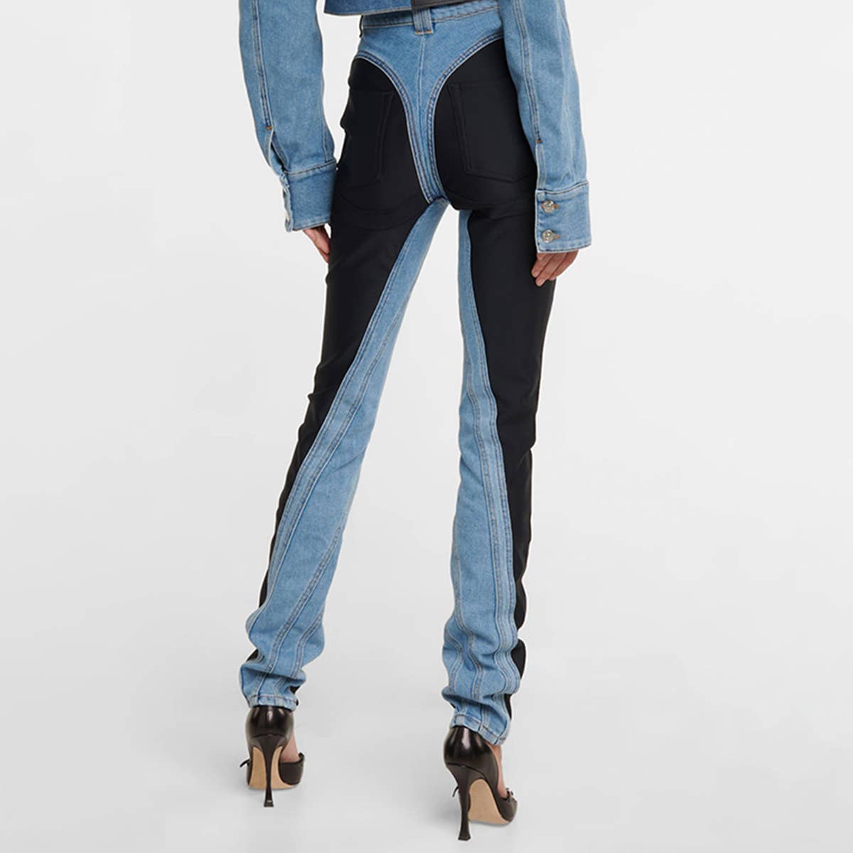 COLOR BLOCKING PATCHWORK WASHED LIGHT DENIM PANTS