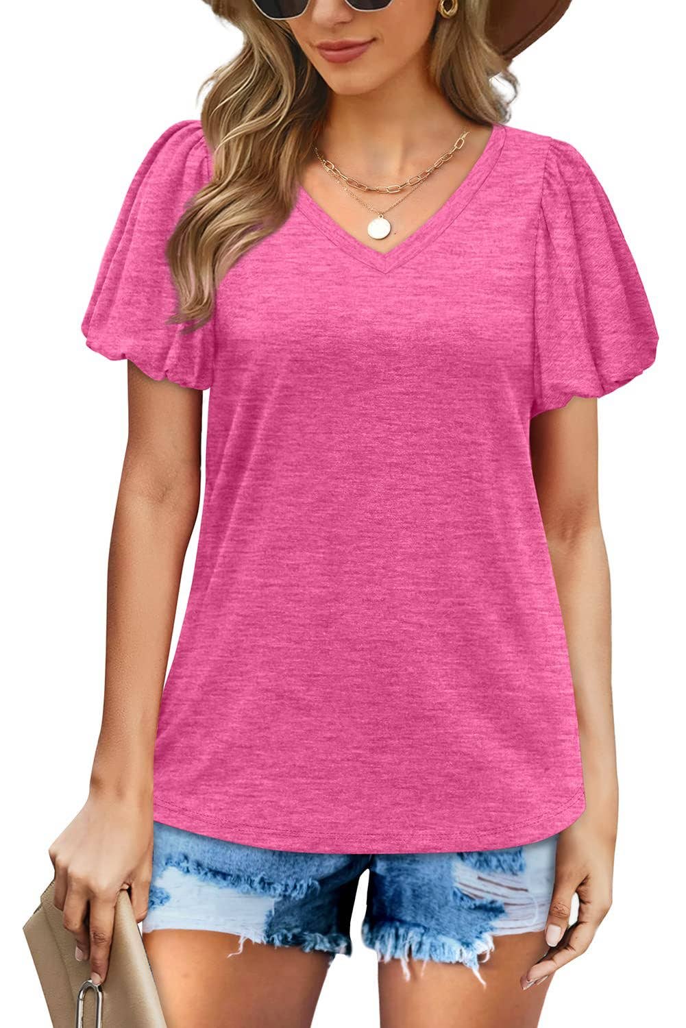 V-NECK LANTERN SLEEVE SOLID SHORT-SLEEVED TOP