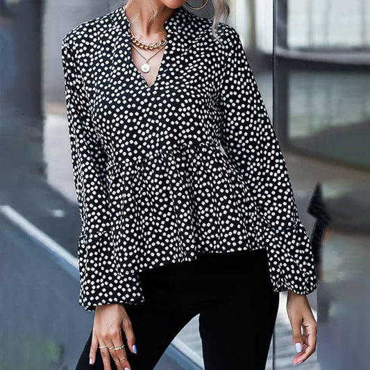 V-NECK SEXY POLKA DOT LONG SLEEVE SIMPLE TOP
