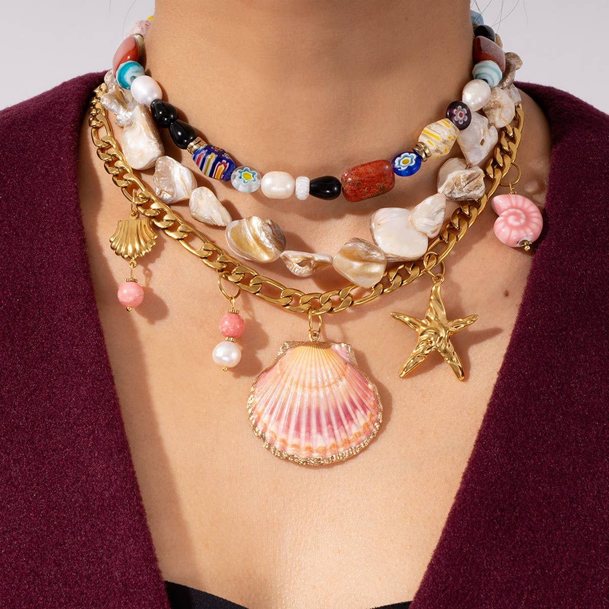 Large Shell & Starfish Beaded Figaro Necklace_CWMM7534