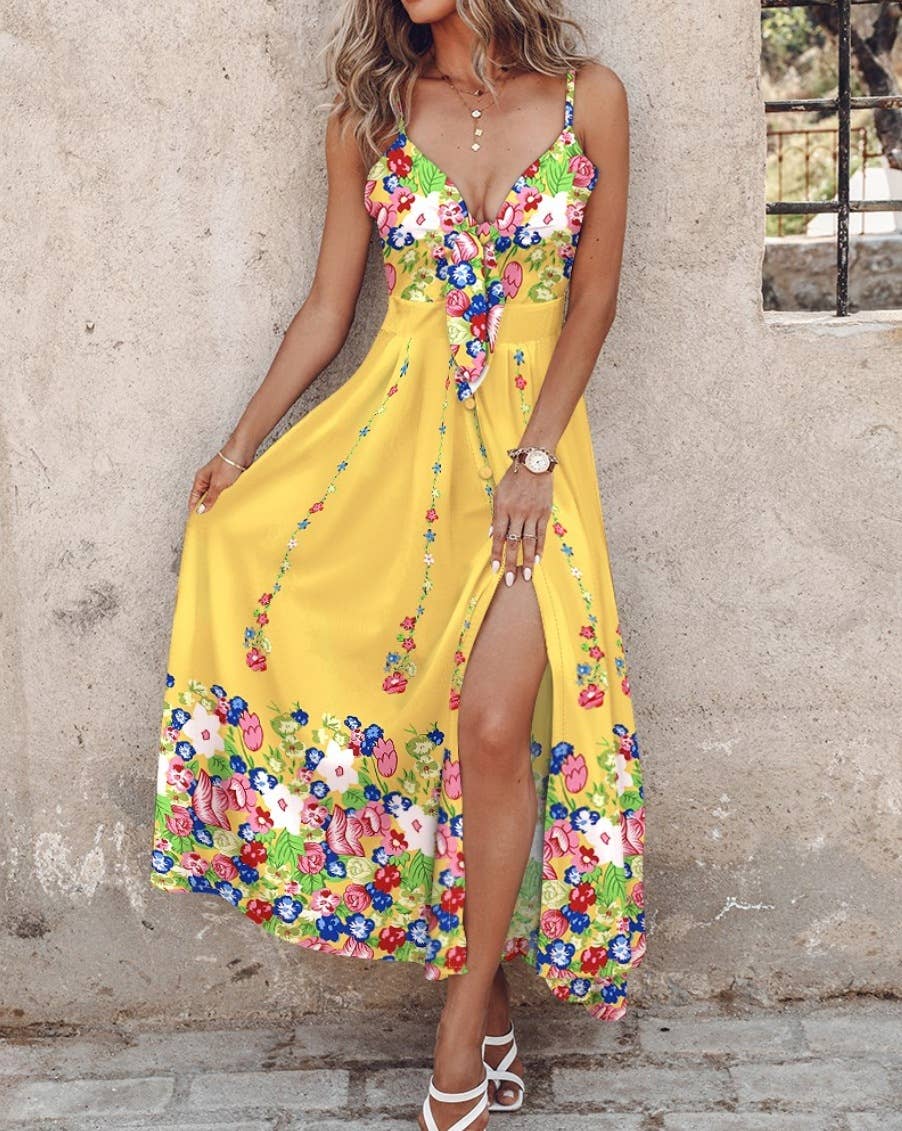 Lace-up sexy halter dress covered in flowers