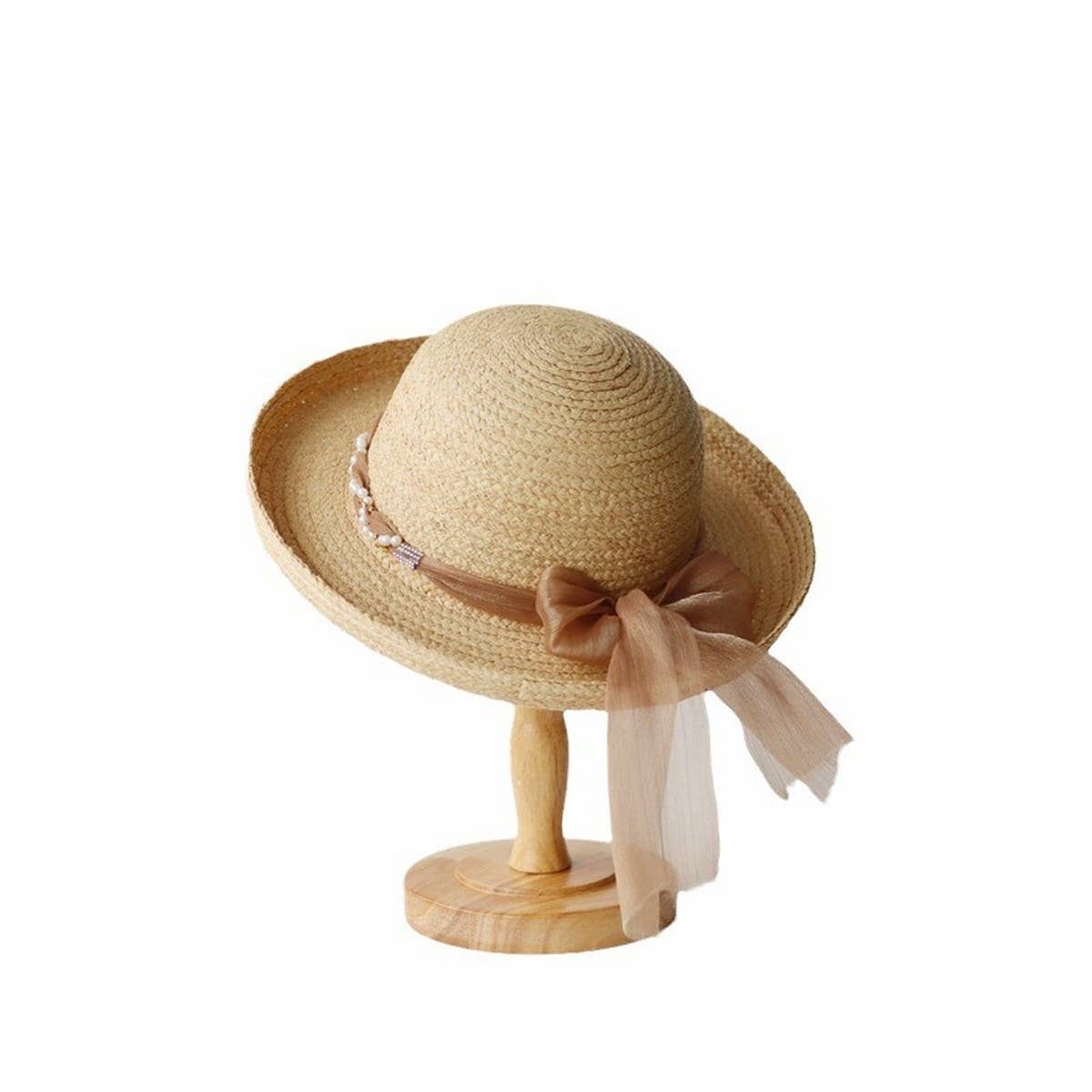 Women's elegant bow ribbon straw hat_CWAH3478