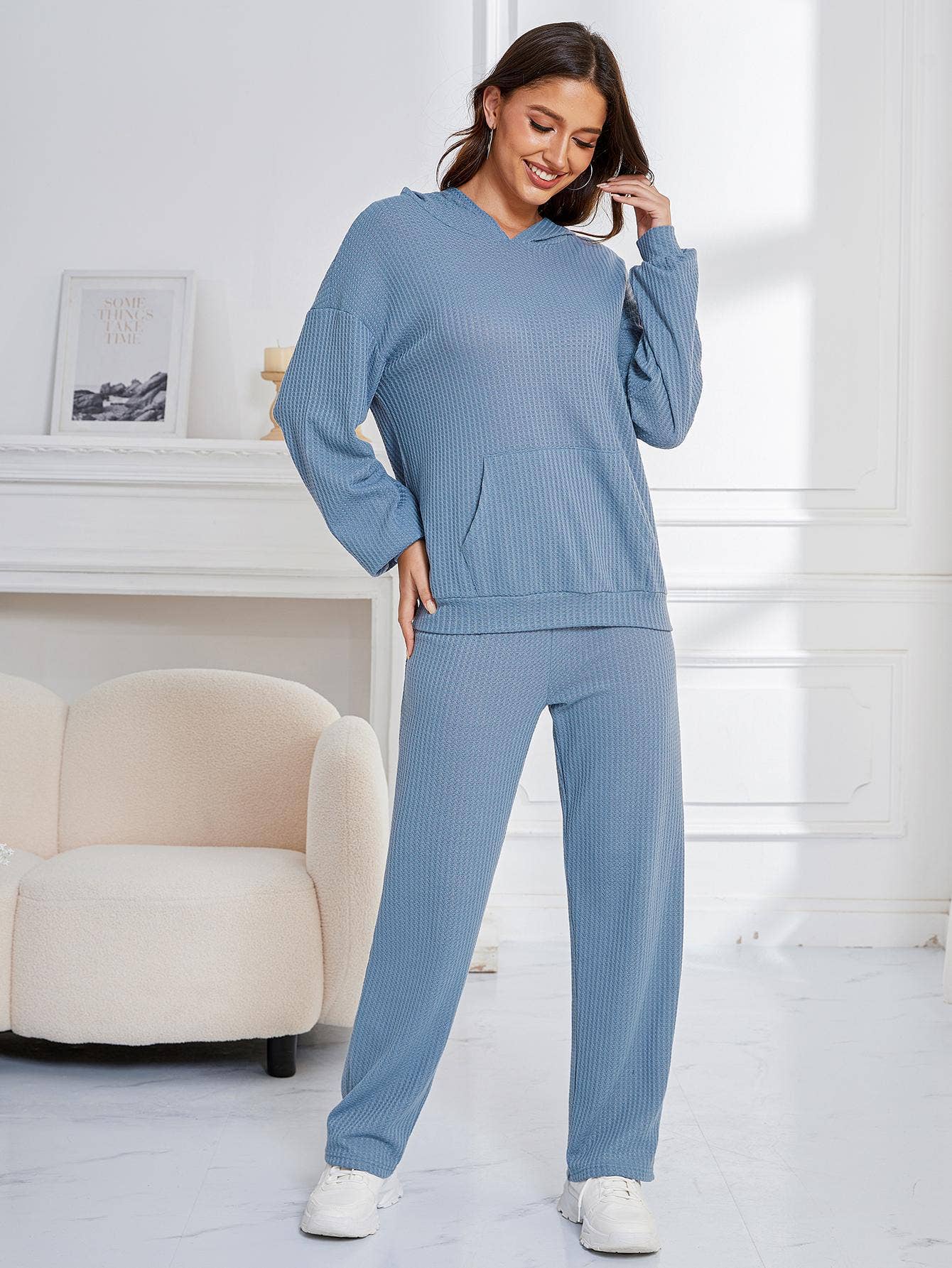 WAFFLE TWO-PIECE LOUNGEWEAR WITH LONG SLEEVES