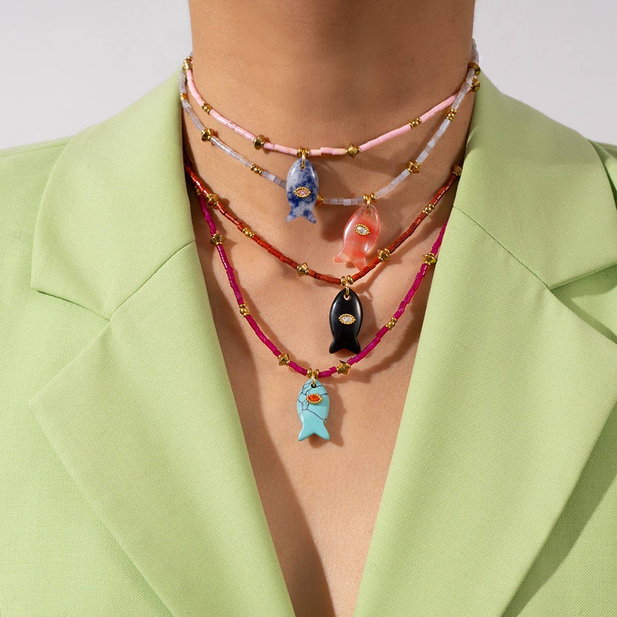 Animal Fish Necklace with Gem and Steel_CWMM7531