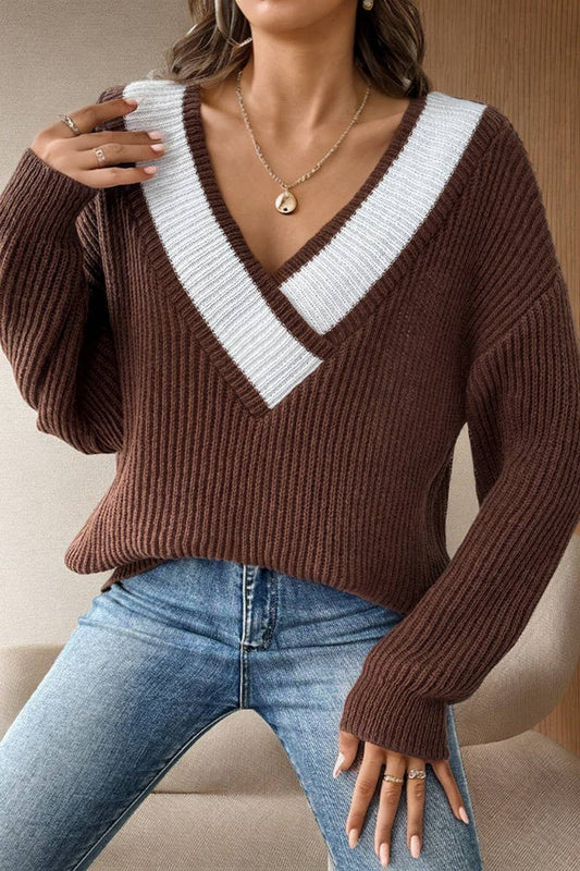 V-neck long-sleeved pullover sweater