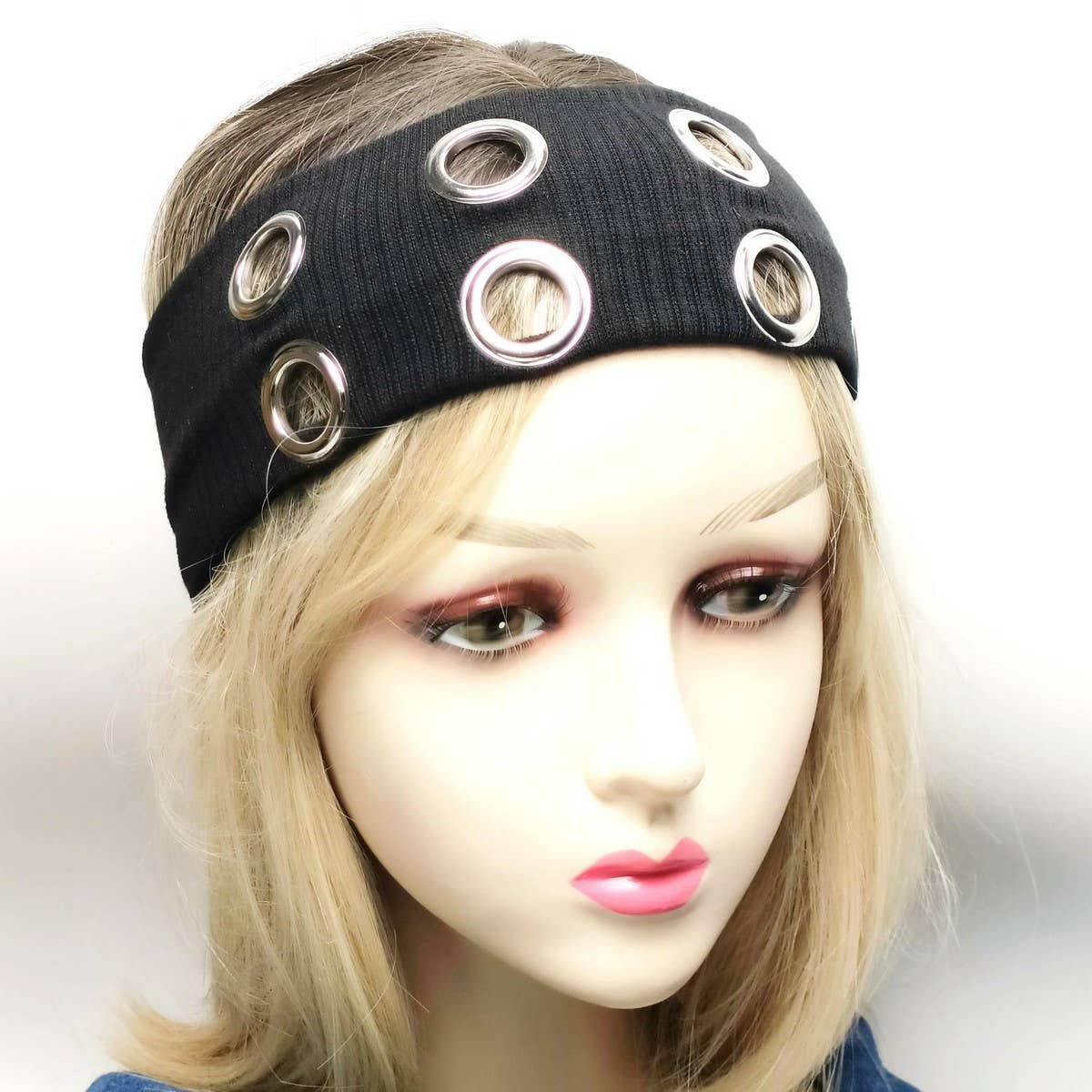 Wide Punk Fabric Headband with Metal Eyelets
